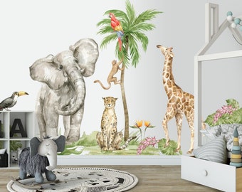 Jungle Animals Stickers Elephant Deer Zebra Giraffe Mural Decals Kids Room Children Wall Decor Baby Bedroom Nursery Decoration
