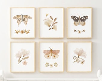 BOHO Butterfly Gedrukte kunstprint, Pastel Boho Gedrukt en verzonden Aquarel boho neutraal gedrukt op hoog archiefpapier Set van 6 VB1-A6