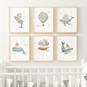 Hot Air Balloon Boat Whale Printed Whale art print  boy  Watercolor Printed and shipped  printed on high archival paper Set of 6 WD5-A6