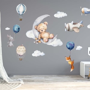 Bear on Moon Wall decal Nursery  Hot Air balloon wall decals, moon with bear, airplane wall decals bear nursery Repositionable B01
