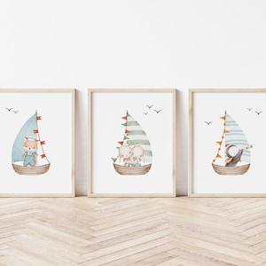 Nursery Sailboat Art Print,  Boy Nursery Sailboat Art Print, Coastal Decor, Beach Decor, Nautical Decor Nursery print Set of 3 LS2-A3