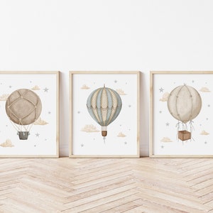 Blue Hot Air Balloon Printed art print,  Printed and shipped Watercolor Hot Air Balloon printed on high archival paper Set of 3 HAB1-A3