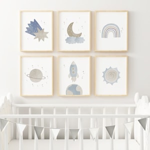 Space Nursery PRINTED art prints. Blue Gray Nursery art prints Space themed nursery art printed on high archival paper Set of 6 S1-A6