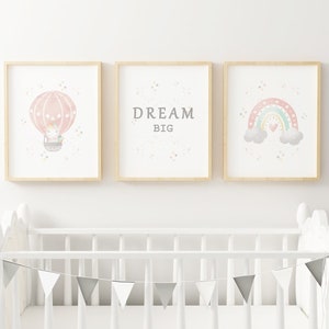 Pink Hot Air Balloon, Rainbow Unicorn Printed art print, Safari Nursery, Printed and shippedRainbow printed and shipped Set of 3 DB2-A3