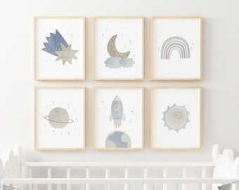 Space Nursery PRINTED art prints. Blue Gray Nursery art prints Space themed nursery art printed on high archival paper Set of 6 S1-A6