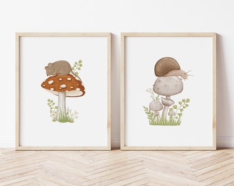 Woodland Mushroom art Prints Printed art print,  Printed and shipped Watercolor woodland alphabet printed on high archival paper WAC2-A2