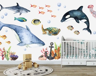 Ocean Animals Fabric wall decal set, nursery sticker set, dolphin, whale shark turtle watercolor peel and stick!