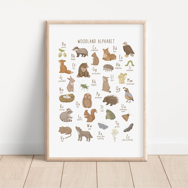 Woodland Alphabet Printed art print,  Printed and shipped Watercolor woodland alphabet printed on high archival paper WA1-A1