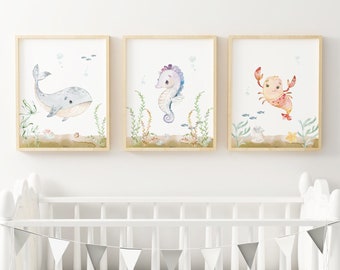 Under the Sea Gedrukte kunstprint, Ocean Nursery Gedrukt en verzonden Aquarel Ocean Animals gedrukt op hoog archiefpapier Set van 3 ITS3-A3