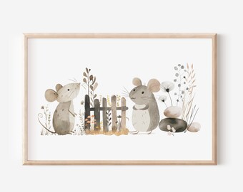 Mouse farm Printed cute mice art print, cute farm animal mice printed brown Watercolor printed on high archival paper  CF5-A1
