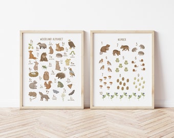 Woodland Alphabet and Numbers Printed art print, Printed and shipped Watercolor woodland alphabet printed on high archival paper WA3-A2