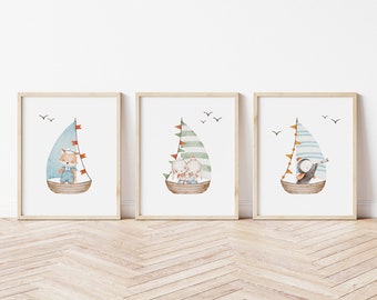 Nursery Sailboat Art Print,  Boy Nursery Sailboat Art Print, Coastal Decor, Beach Decor, Nautical Decor Nursery print Set of 3 LS2-A3