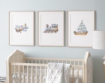 Plane Train Boat Blue art print set Boy plane and train Printed Watercolor print set high archival paper Set of 3 BWT6-A3