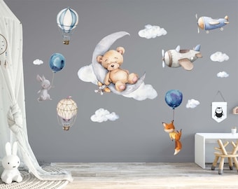 Bear on Moon Wall decal Nursery  Hot Air balloon wall decals, moon with bear, airplane wall decals bear nursery Repositionable B01