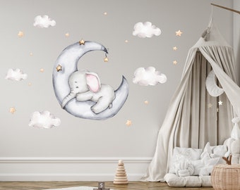 Décalcomanie murale éléphant animaux de safari Décalcomanie murale pour chambre d'enfant, personnalisez-la avec un nom ! Décoration de chambre de bébé, facilement repositionnable !