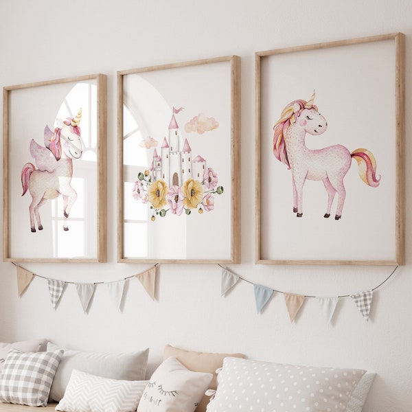 Unicorn Wall Decor Art Print PRINTED Unicorn Art Print, Unicorn Nursery , Unicorn Decor, Watercolor Unicorn Nursery print Set of 3 G01