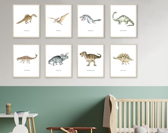 Dinosaur Print Set of 8, Digital Downloadable  DIY Dinosaur Nursery, Dino Décor Download and print yourself!