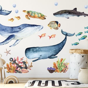 Sea World Ocean Fabric Wall decal for kids rooms or nursery! Ocean life animals plus coral, whale, fish, shark and dolphin! Peel and stick!