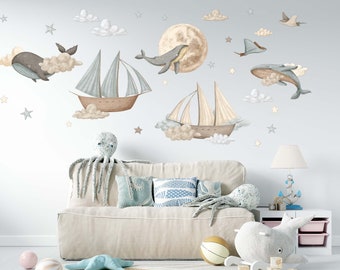 Ships, Stars and moon Fabric or Vinyl wall decal  / Whimsical Wall Decal Set, Under the sea watercolor Ocean kids nursery wall decal