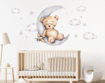 Bear on Moon  Nursery Wall Decal,  Bear wall decal Customize with a name! Baby Nursery Décor, Easily Repositionable! BM01