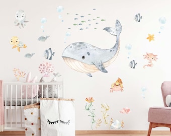May include: A set of watercolor-style wall decals featuring a variety of sea creatures, including a whale, a turtle, a crab, a jellyfish, and a starfish. The decals are perfect for adding a touch of whimsy to a child's room or nursery.