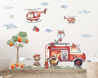 Firefighter Woodland Wall Decal set. Fire truck wall decal, woodland wall decals, Removeable wall decals