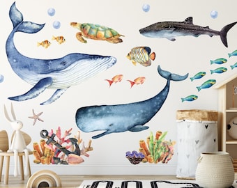 Sea World Ocean Fabric Wall decal for kids rooms or nursery! Ocean life animals plus coral, whale, fish, shark and dolphin! Peel and stick!