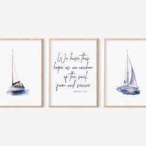 Sailboat Nautical Art Print, Hope is an Anchor  Nautical Art Print, Coastal Decor, Beach Decor, Nautical Decor Nursery print Set of 3 N04S