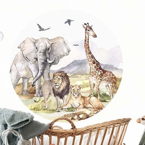 Round Safari Wall Sticker Animals Lion Giraffe Peel and stick. Easy to apply!  Nursery Safari - S01C