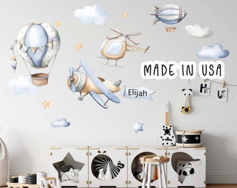 Airplane wall decal, hot air balloon wall decal, made with repositionable fabric perfect for your nursery decor!