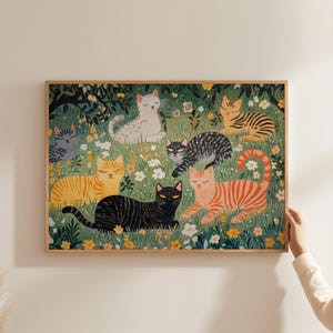 a painting of cats in a field of flowers