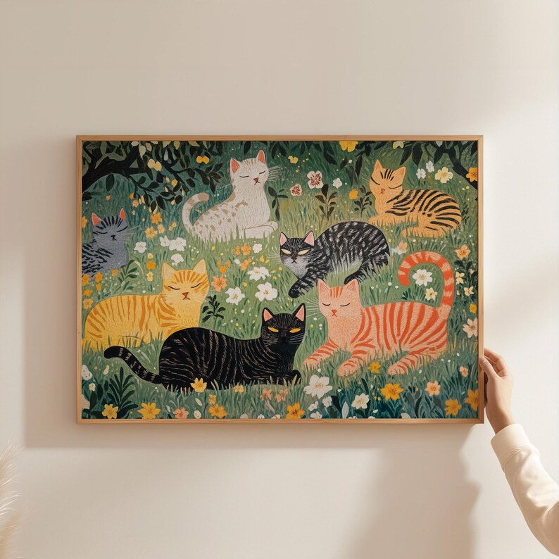 a painting of cats in a field of flowers