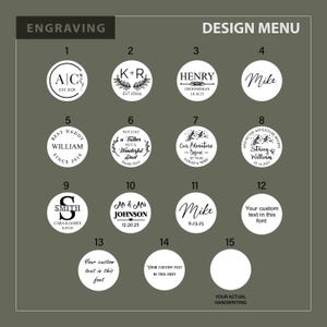 May include: A design menu with 15 different options for engraving on a round wooden disc. The options include names, dates, initials, and short phrases. The menu is displayed on a green background.