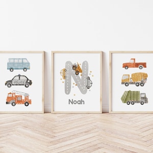 Personalized Transport Nursery Prints. Custom Name prints, boy room trucks and cars custom name prints Trucks decor Set of 3 CR1-A1