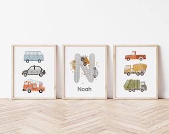 Personalized Transport Nursery Prints. Custom Name prints, boy room trucks and cars custom name prints Trucks decor Set of 3 CR1-A1