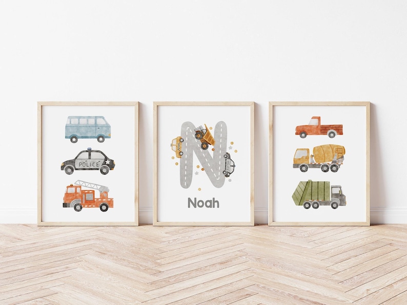 Personalized Transport Nursery Prints. Custom Name prints, boy room trucks and cars custom name prints Trucks decor Set of 3 CR1-A1 image 1
