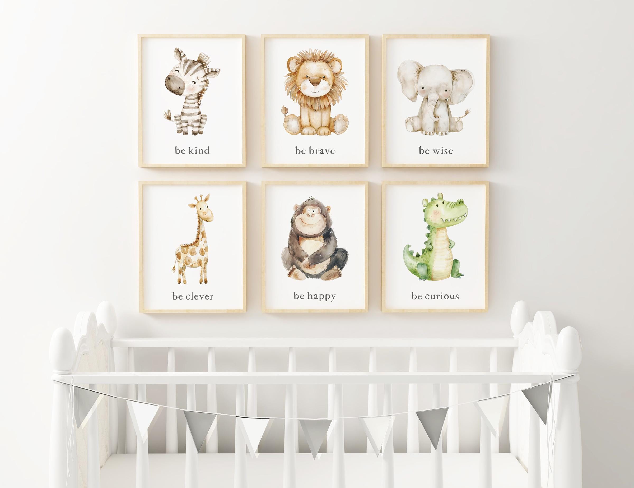 Safari Animal Nursery art print Safari Watercolor print be kind print jungle Printed and shipped on high archival paper Set of 6 SJ6-A6