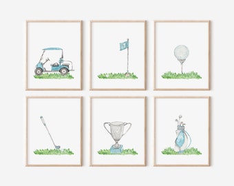 Boy Golf Nursery PRINTED art prints blue golf theme nursery art Printed Watercolor golf theme print set high archival paper Set of 6 GP02-A6