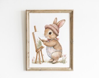 Bunny Nursery Wall Art Watercolor Rabbit Painting Baby Room Decor Cottagecore Woodland Nursery Art Soft Neutral Nursery Print AIL11-A1