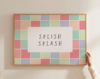Decoración de pared colorida para baño con diseño de salpicaduras, estampado a cuadros para baño infantil, decoración de pared en tonos pastel para tocador, letrero lindo y caprichoso XCK5-A1