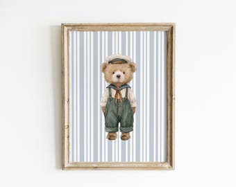 Decoración de pared para habitación infantil con osito marinero, rayas azules, estilo náutico, estampado de animales, estilo vintage, para niños, libro de cuentos infantiles, arte de pared con osito XTDY1-A1
