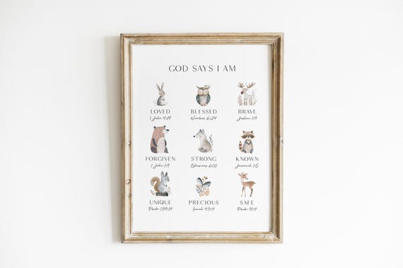Woodland Christian Nursery Wall Art God Says I Am Print Bible Verse Woodland Animal Decor Scripture Print Woodland Animal Nursery LBS1-A1