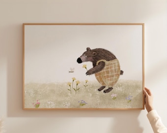 Whimsical Bear Nursery Wall Art Woodland Animal Print Baby Room Decor Gentle Pastel Kids Illustration Cottagecore Nursery Artwork SRY7-A1