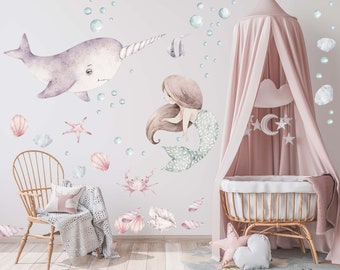 Mermaid Fabric or Vinyl wall decal set perfect for mermaid themed rooms,  easy peel and stick repositionable!