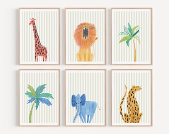Safari Nursery Wall Art Striped Colorful Lion Giraffe Elephant Prints Jungle Baby Room Decor Tropical Kids Gallery Wall CPS2-A6