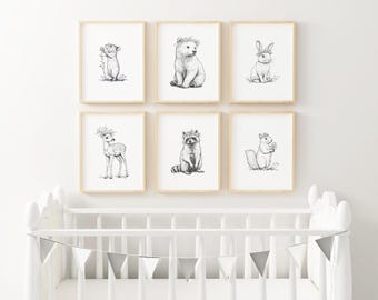 Minimalist Woodland Animal Nursery Art Floral Woodland Bear Print Cottagecore Girls Room Wall Art Forest Animal Nursery Bunny Art WNS1-A6