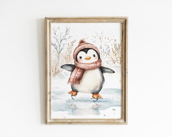 Penguin Nursery Wall Art Winter Penguin Print Baby Room Decor Ice Skating Art Woodland Nursery Wall Art Cozy Winter Nursery Print AIL9-A1