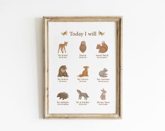 Affirmation Woodland Nursery educational art print earth tone nursery art woodland animals affirmations for kids Printed and Shipped TIW2-A1