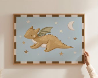 Whimsical Baby Dragon Nursery Wall Art Earth Tone Dragon Room Decor Soft Blue Baby Nursery Celestial Moon Stars Kids Playroom XETD1-A1
