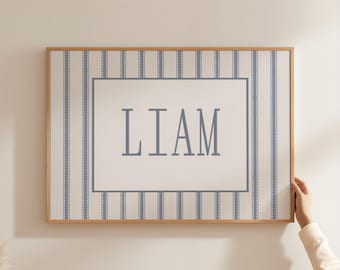 Personalized Vintage Blue Nursery print boy nursery blue stripes art print custom nursery Printed and shipped on high archival paper PVN2-A1